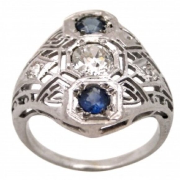 14K Lady's Art Deco Filigree Old European Diamond & Sapphire Engagement Ring - Picture 1 of 3